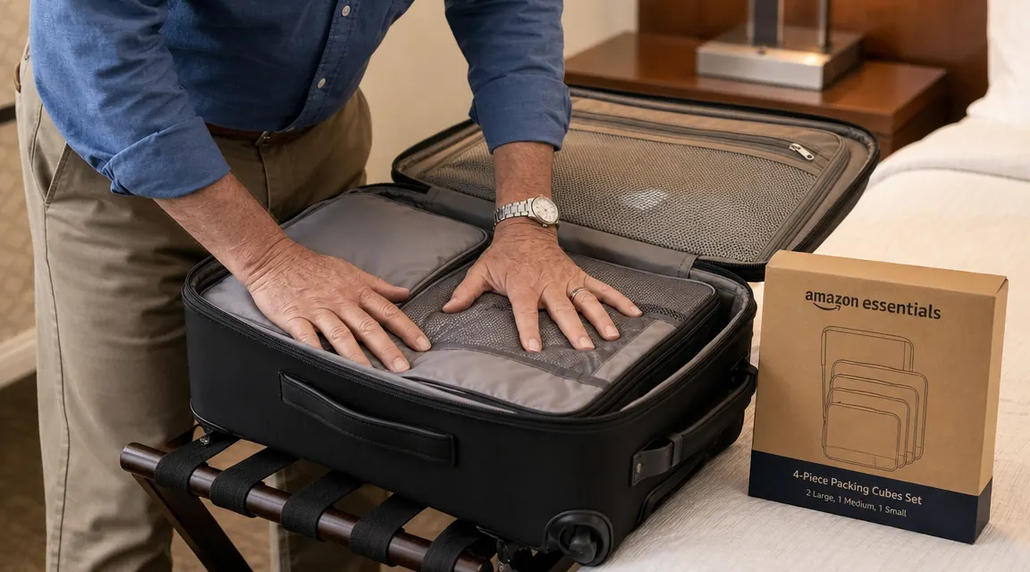 Packing cube laid flat beside folded shirts showing how clothes compress inside