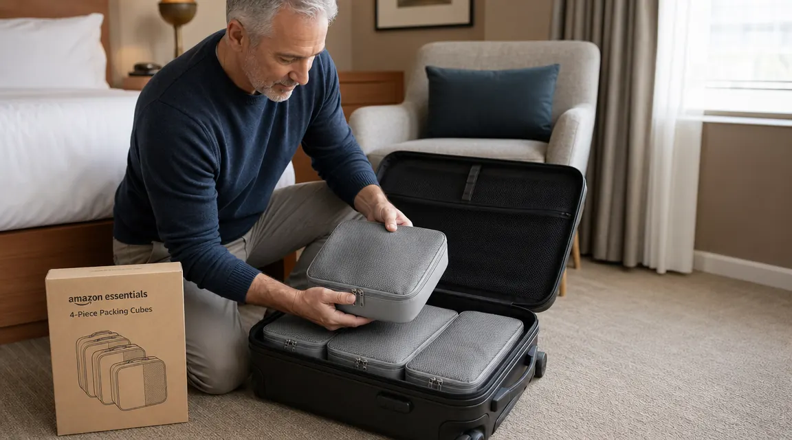 Packing cube stuffed slightly beyond capacity with zipper track under visible tension, illustrating overpacking risk