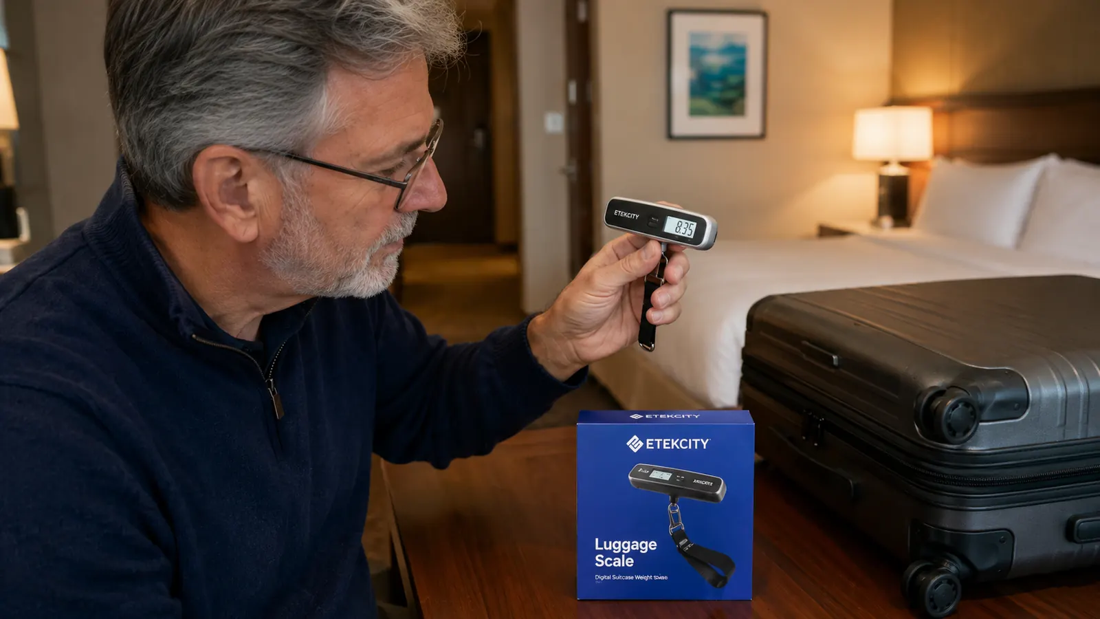 Hand holding an Etekcity luggage scale strap while a suitcase hangs from it, reading displayed on screen