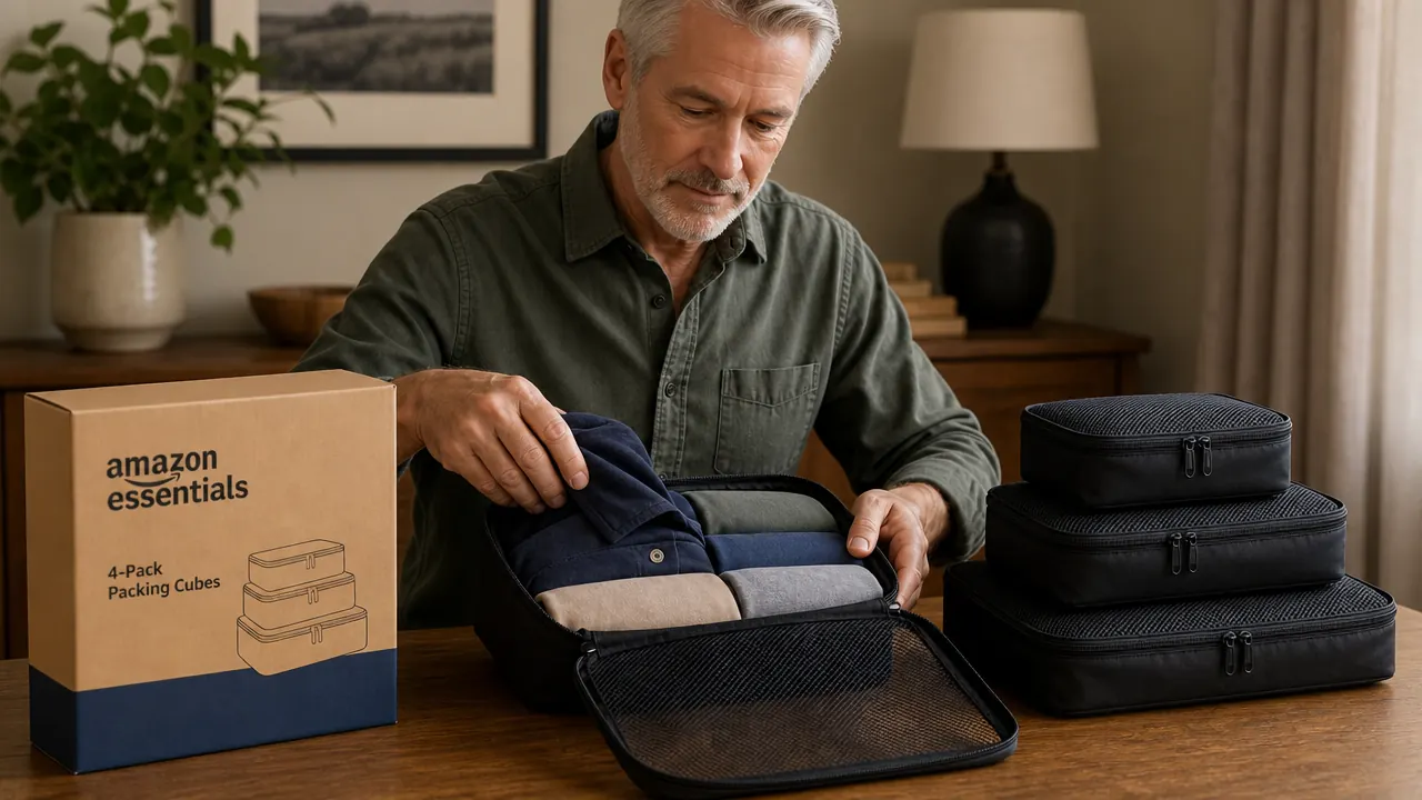 Hands pressing the mesh top of a packing cube to compress shirts inside