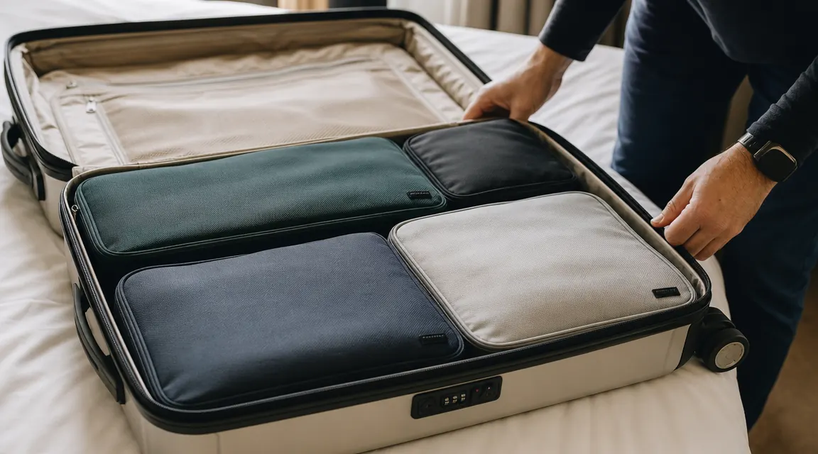 Two packing cubes stacked side by side next to a folded pile of clothes to show how much fits inside