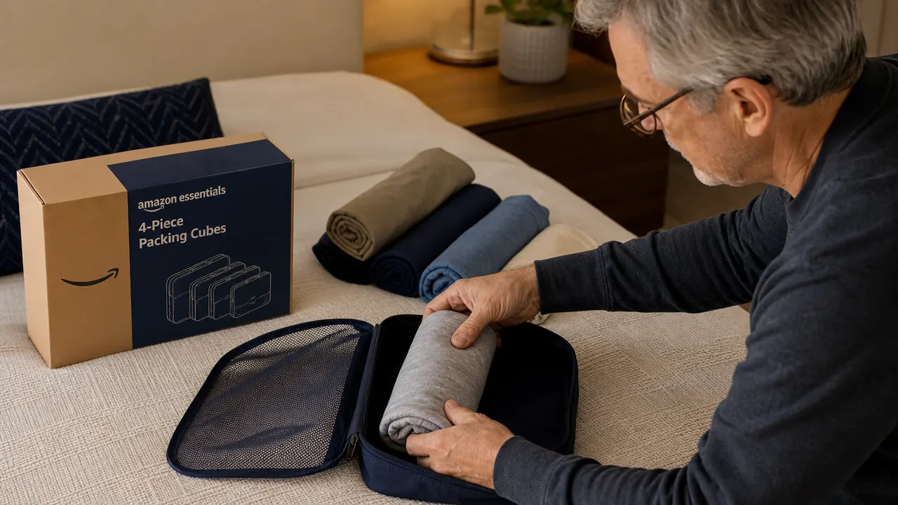 Hands arranging a black Amazon Essentials packing cube into a carry-on bag