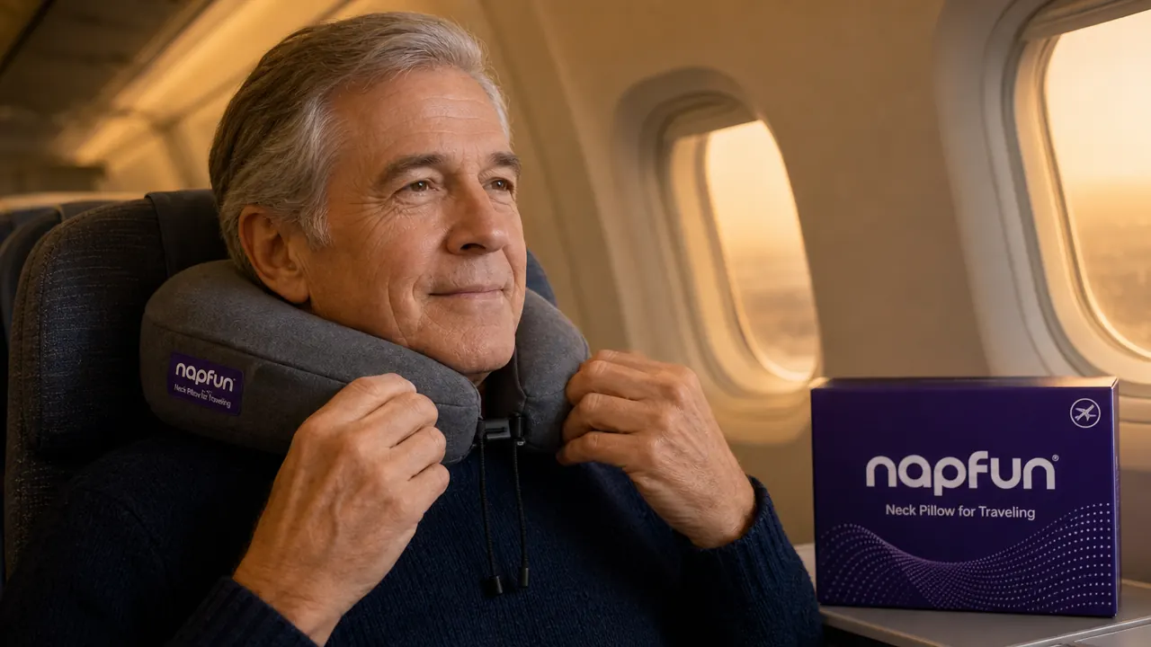 Close-up of a hand adjusting a memory foam travel pillow around the neck before sleep on a plane