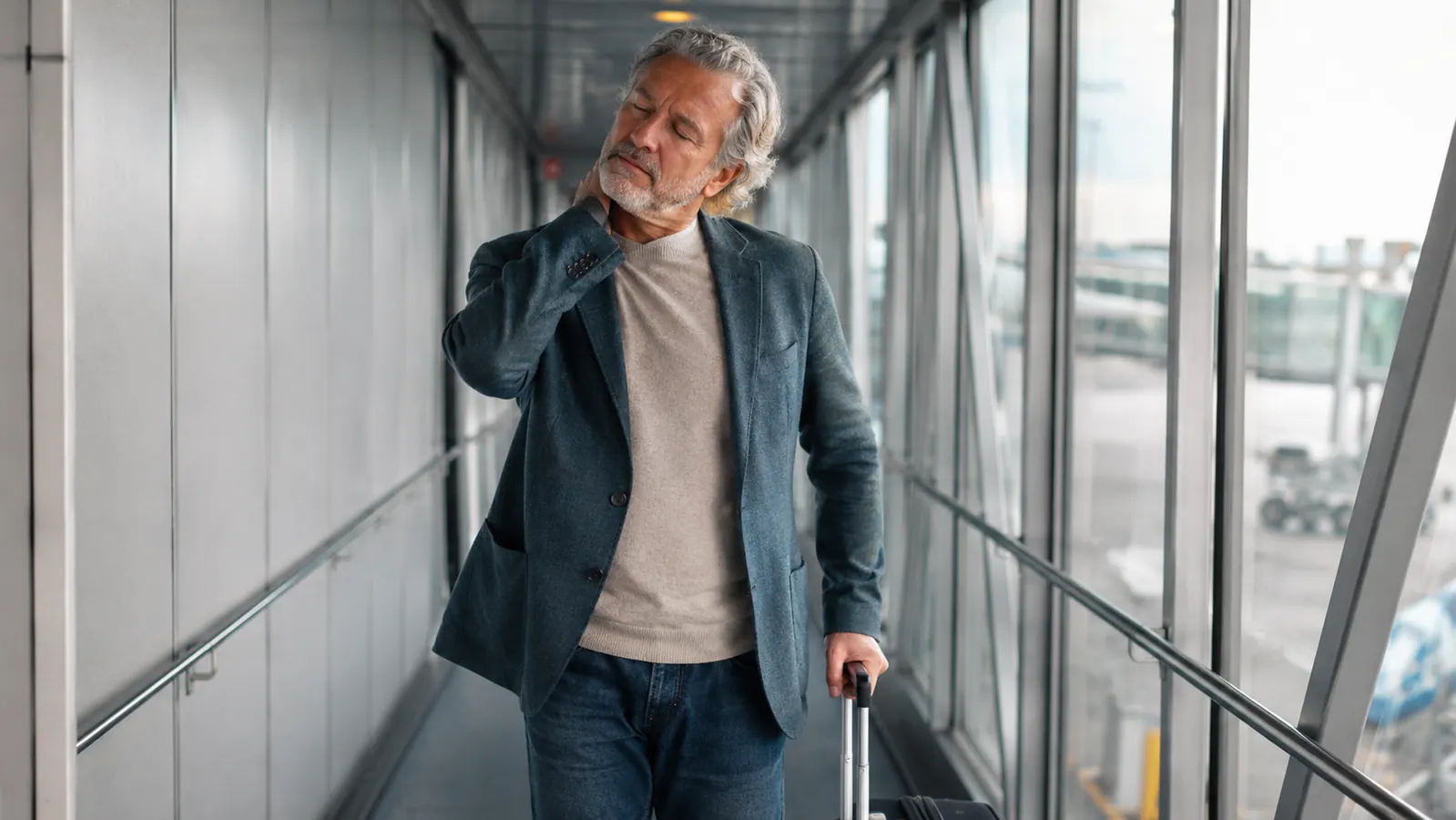 Traveler looking refreshed and awake after a long flight, standing in an airport terminal with carry-on luggage