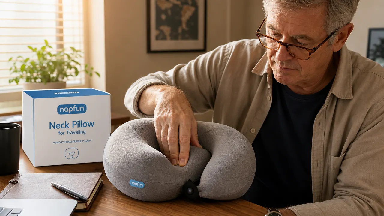 Traveler placing a napfun memory foam neck pillow around their neck while seated in an economy airplane cabin