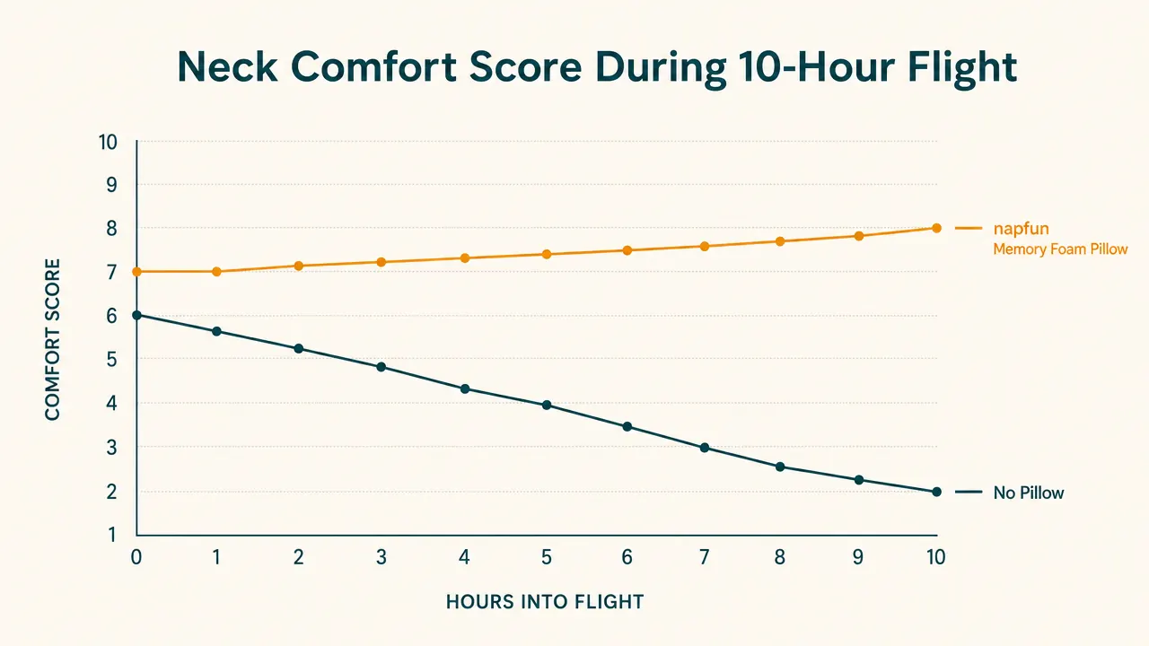 Side-by-side chart comparing sleep quality scores across 7 flights using the napfun pillow versus no pillow