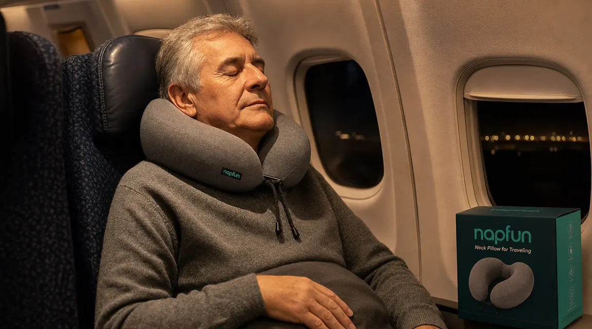 Overhead view of the napfun neck pillow packed into its carry pouch next to a smartphone to show scale