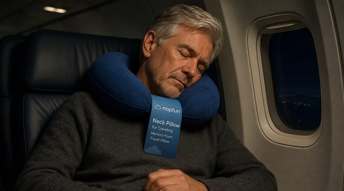 napfun memory foam travel neck pillow held in a hand, shown against a carry-on bag on an airport bench