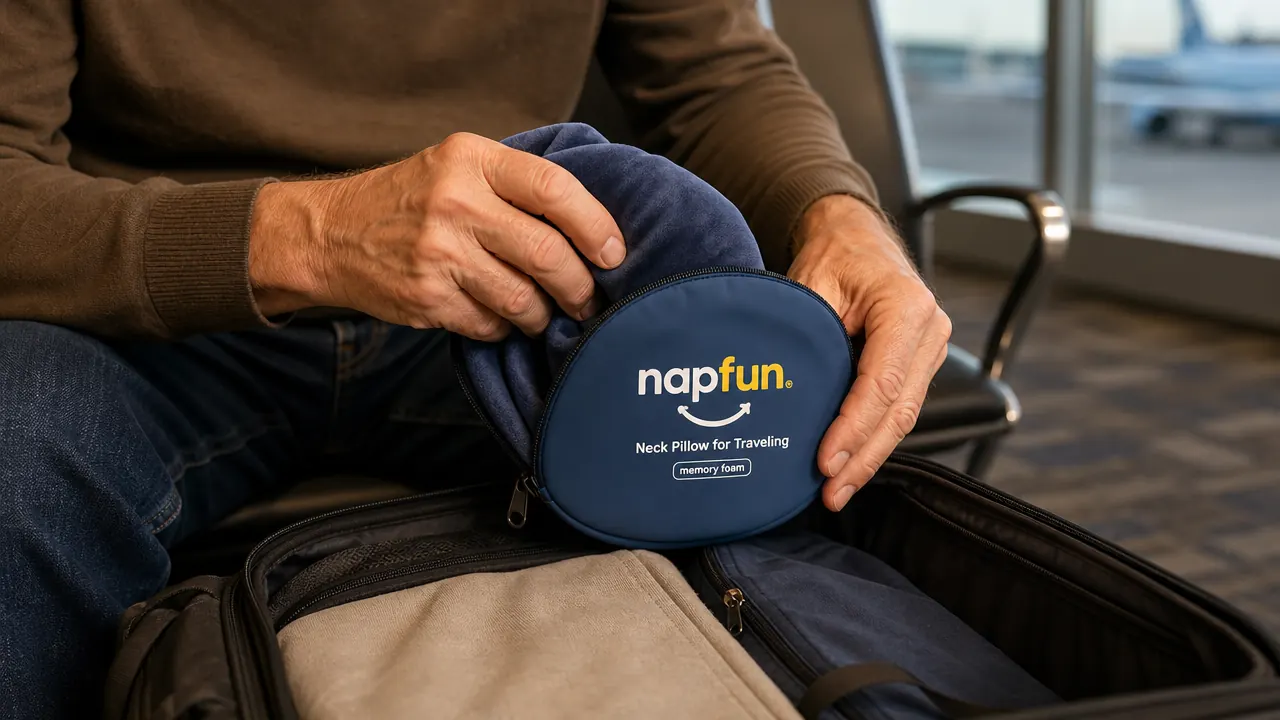 napfun neck pillow packed in its small carrying case next to a travel wallet and earbuds inside a bag