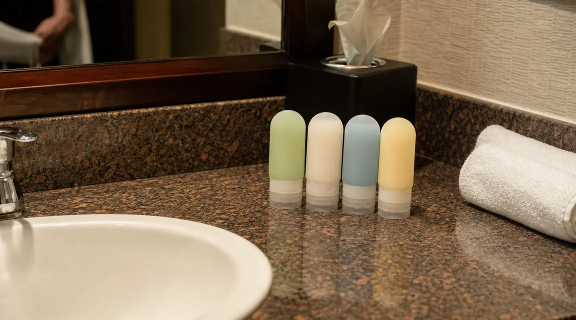 Silicone travel bottles packed upright in a clear TSA quart bag on an airport security conveyor