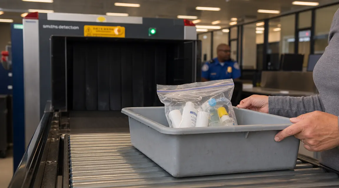 Carry-on bag open in an overhead bin showing toiletry pouch with no visible leaks